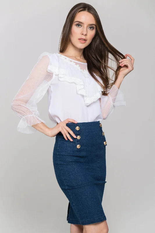 White Sheer Sleeves Gabot Top and Denim Skirt belted skirt waist