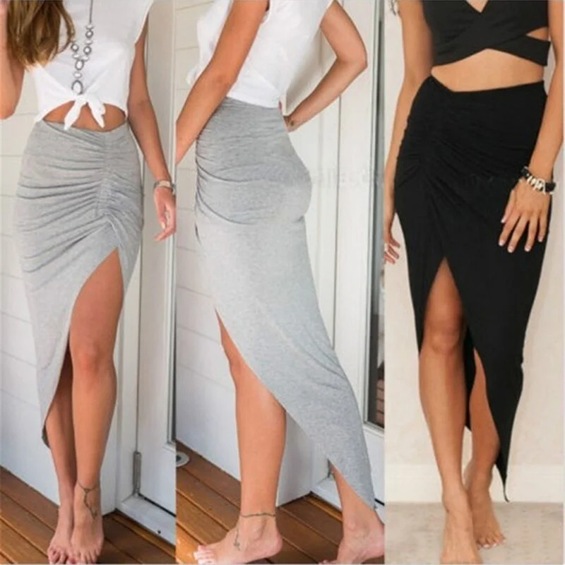 Women High Waisted Asymmetric Stretch Ruched Slit Skirt Beach Party Bodycon Skirts Pluss Size S-XL Black Gray velvet skirt glossy