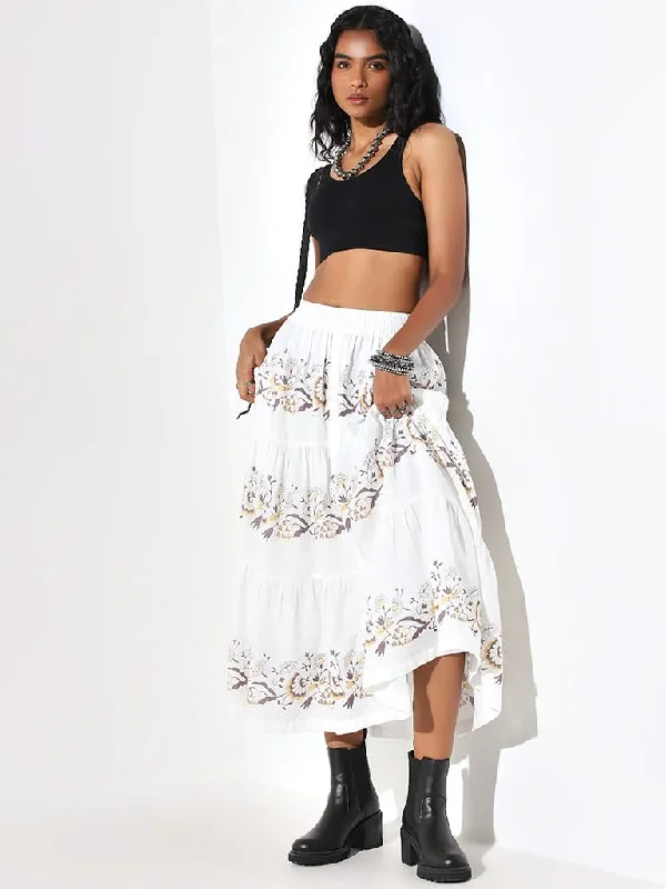 Bombay Paisley White A-Line Printed Cotton Tiered Skirt silk skirt elegant