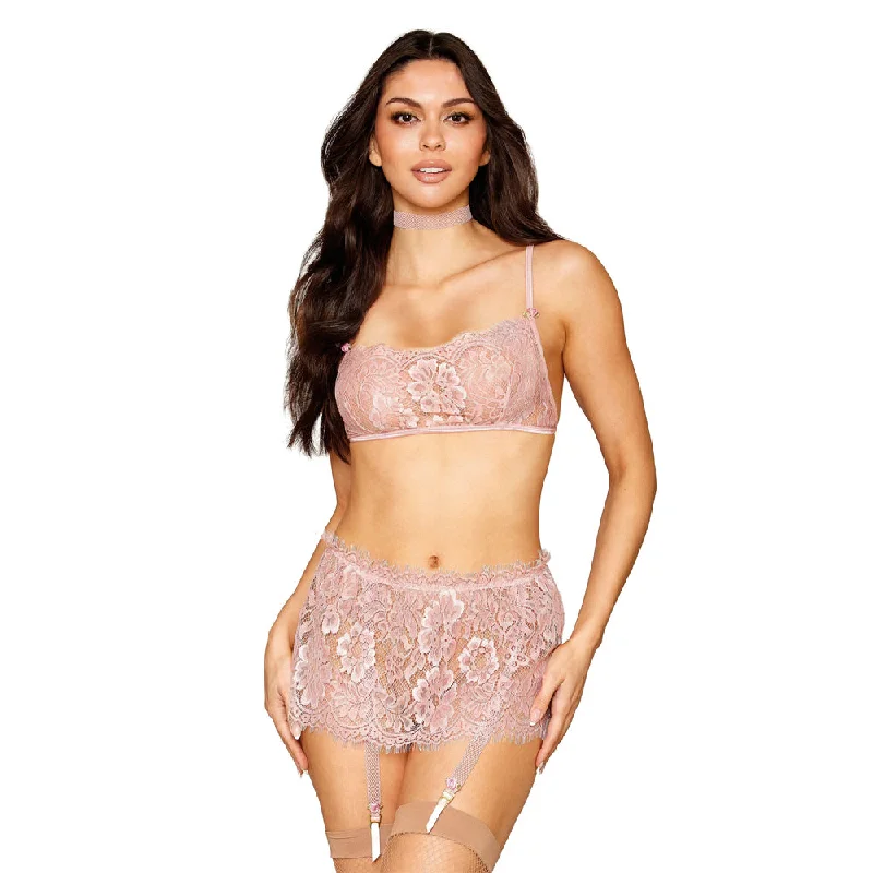 Dreamgirl Eyelash Lace Bralette Garter Skirt Choker Set Rosettes 13279 - Rose zip skirt side