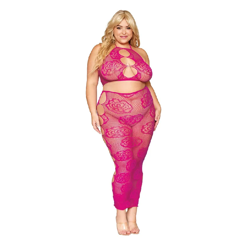 Dreamgirl Plus Size Bralette Skirt Set Rose Fishnet 0485X - Beet casual skirt length