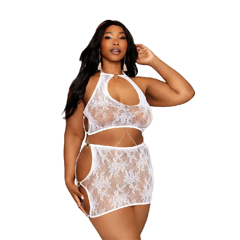 Dreamgirl Plus Size Lace Bralette Mini-Skirt Set 13309X - White silk skirt lustrous