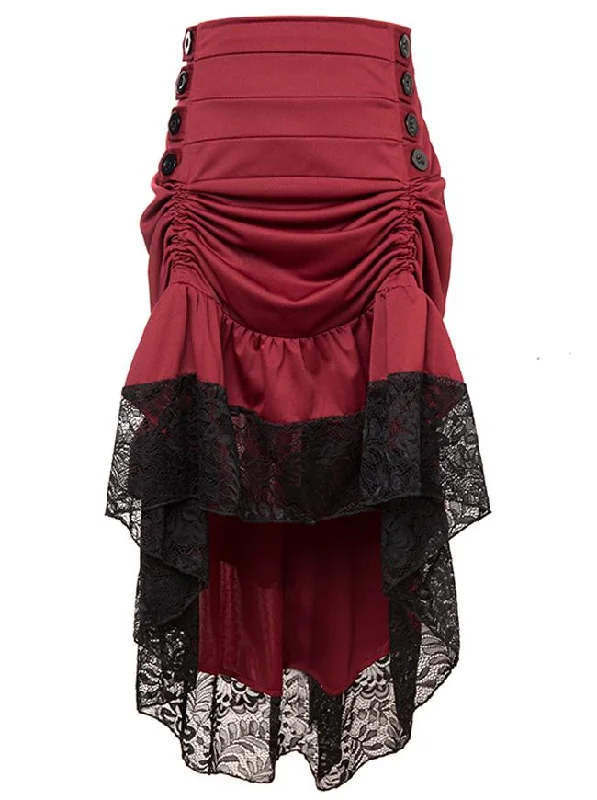 Gothic Victorian Red High Waist Lace Trim Good Elasticity Ruffled High-low Skirt velvet skirt luxury