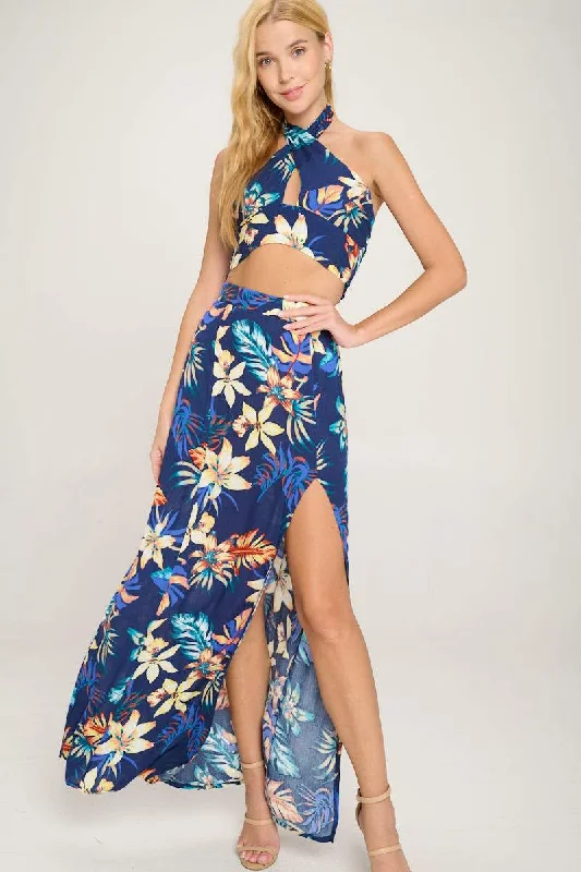 Halter Crop Top and Maxi Skirt Slit Set Tropical Printed maxi skirt elegant