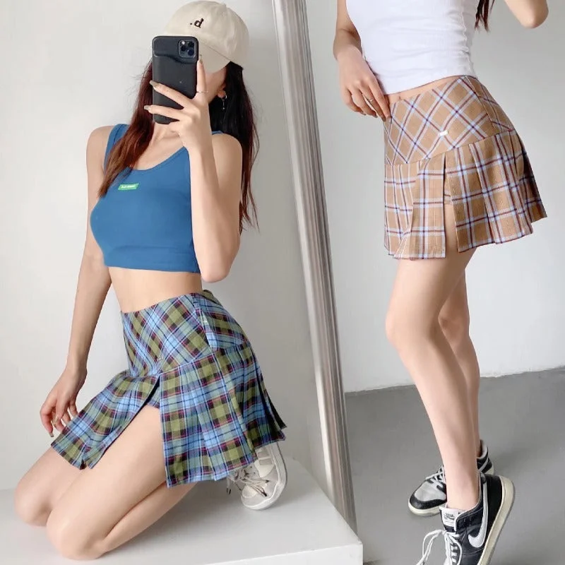 Harajuku plaid pleated skirt  KF83076 leather skirt sleek