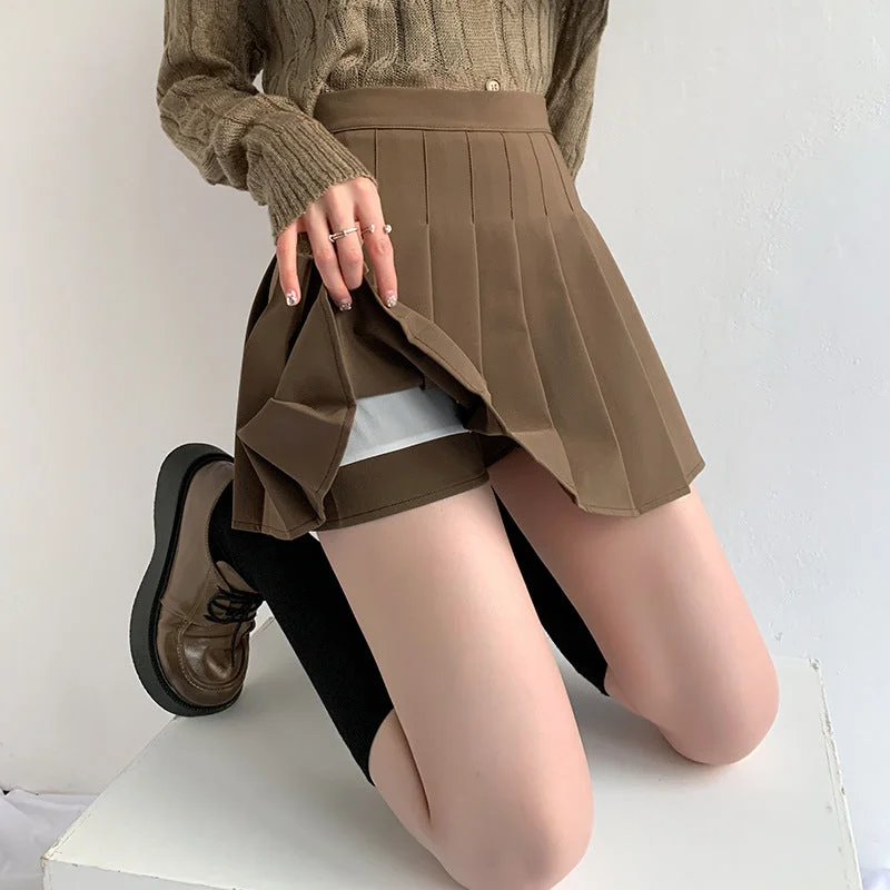 Khaki pleated skirt  KF83073 ribbed skirt waist