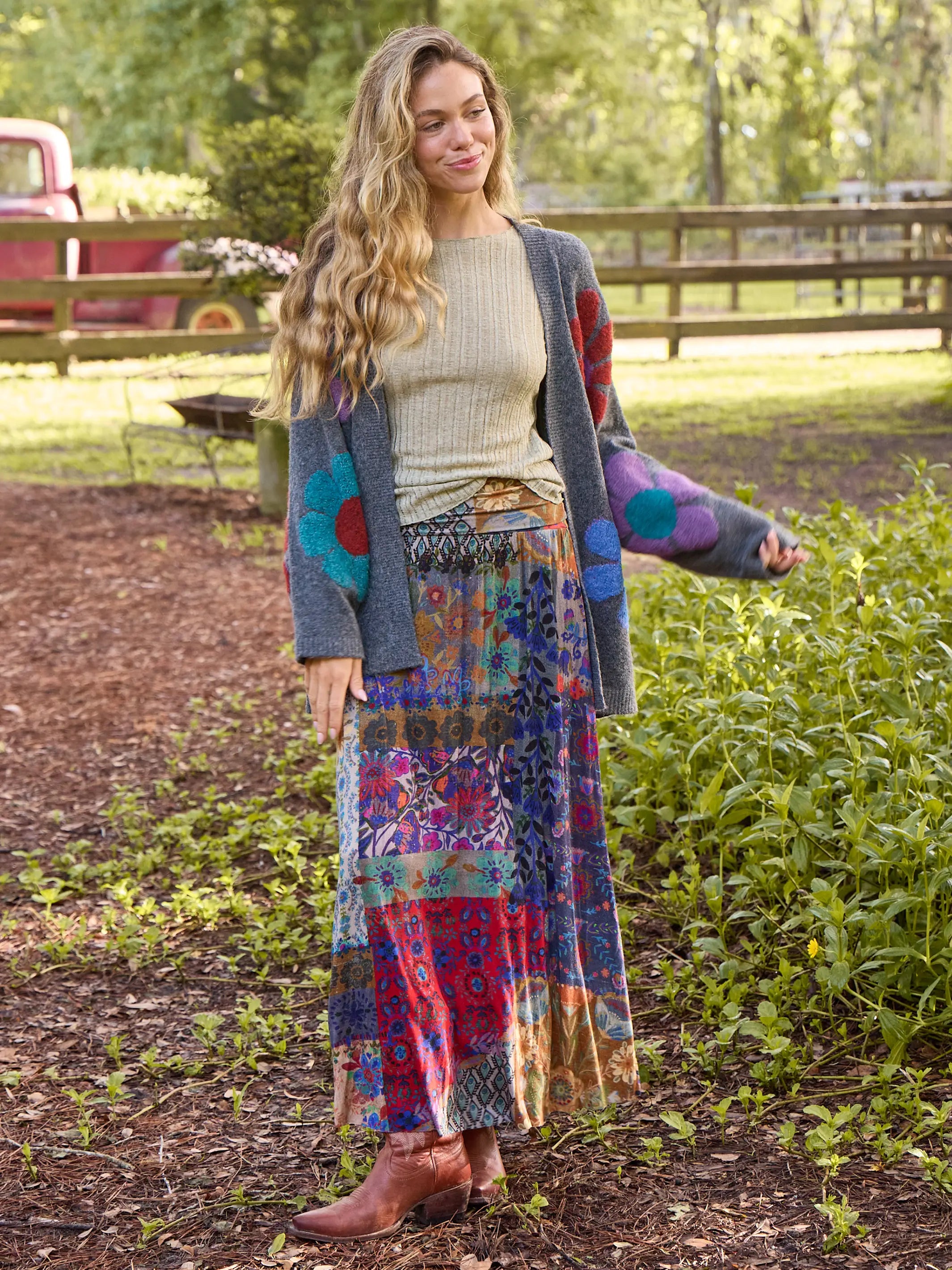 Live-In-It Knit Maxi Skirt - Blue Patchwork wrap skirt elegant