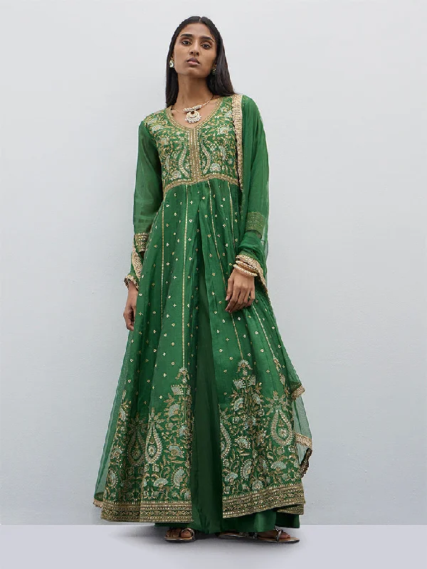 Vark Green Embroidered Kurta, Skirt and Dupatta Set silk skirt sleek