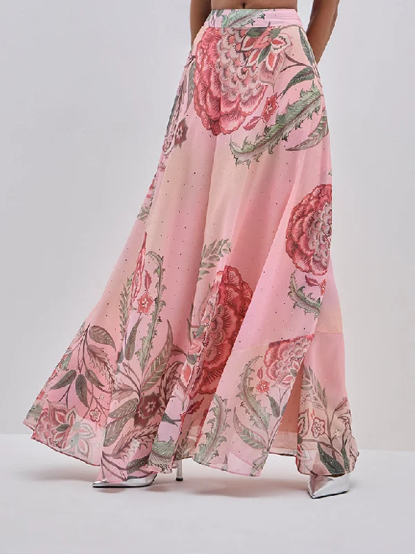 Vark Peach Botanical Printed-Fit and Flare High-Rise Skirt lace skirt feminine