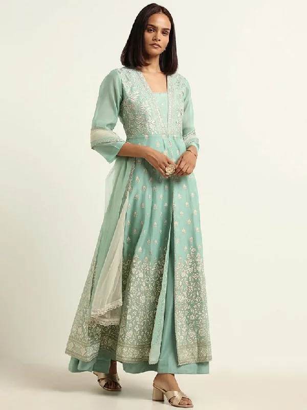 Vark Pista Green Kurta, Skirt & Dupatta Set satin skirt smooth