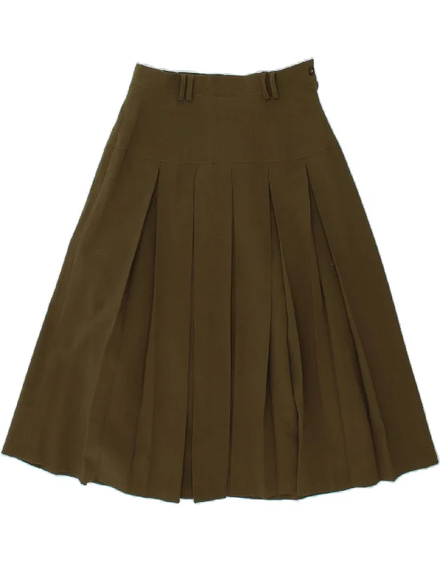 VINTAGE Womens High Waist Knife Pleated Skirt UK 14 Large W32  Khaki button skirt front