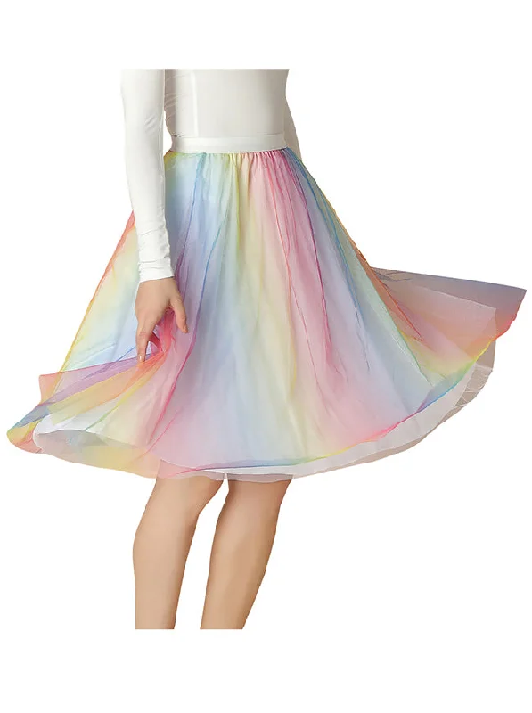 Women Mesh A-line Tulle Skirt Fairy Pleated Colorful Gradient Midi Skirt lace skirt intricate