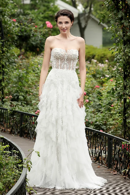 2 in 1 Corset Lace Strapless Long Designer Overskirt Bridal Dress denim skirt trendy