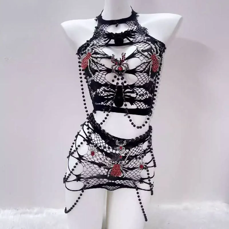 Beaded hollow out see through Spider applique mini skirt set pencil skirt chic