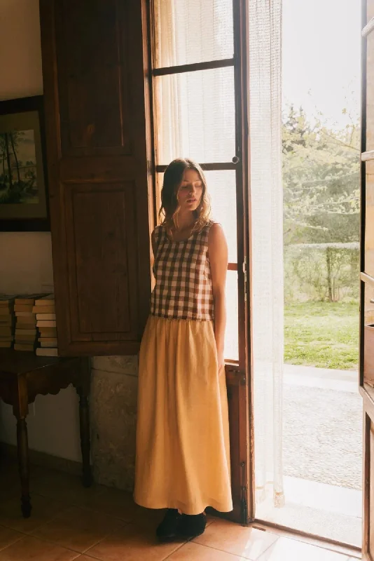 Mona long linen skirt S Mustard a-line skirt cut