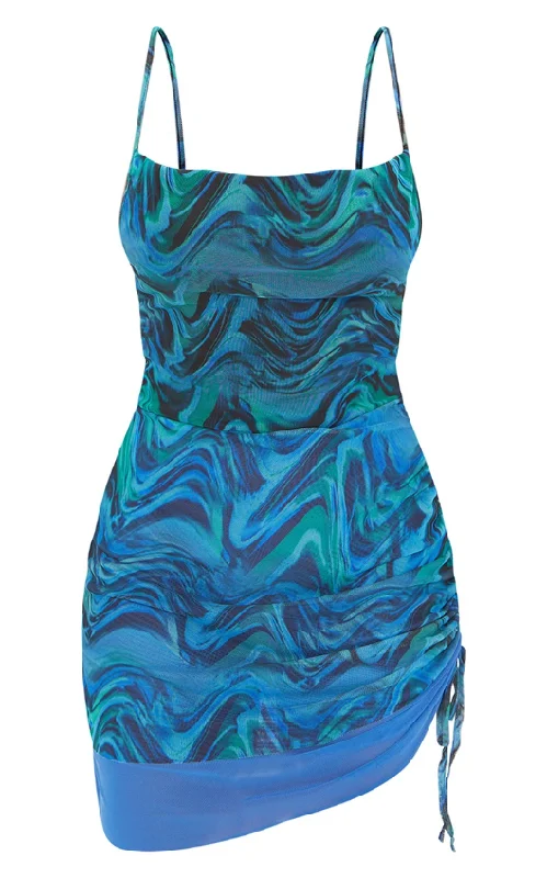 Blue Abstract Mesh Strappy Ruched Layered Skirt Bodycon Dress low waist skirt