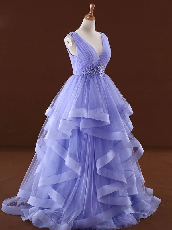 Blue V Neck Formal Prom Dress with Ruffle Skirt RS201605 lightweight skirt design