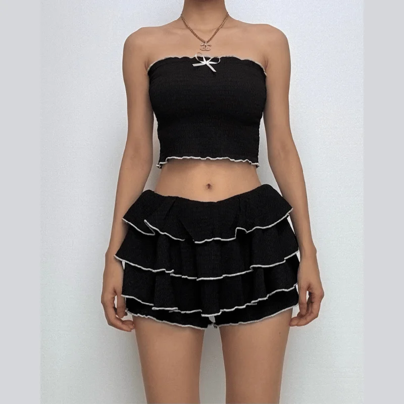 Bowknot ruched ruffle tube mini skirt set linen skirt light