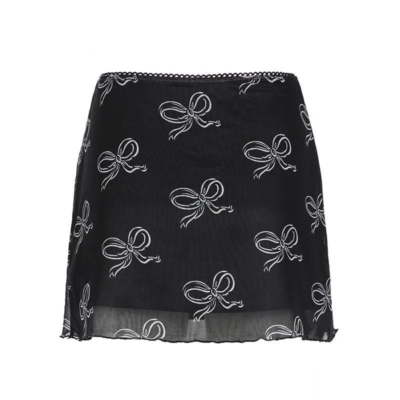 Bowknot print mesh mini skirt relaxed fit skirt