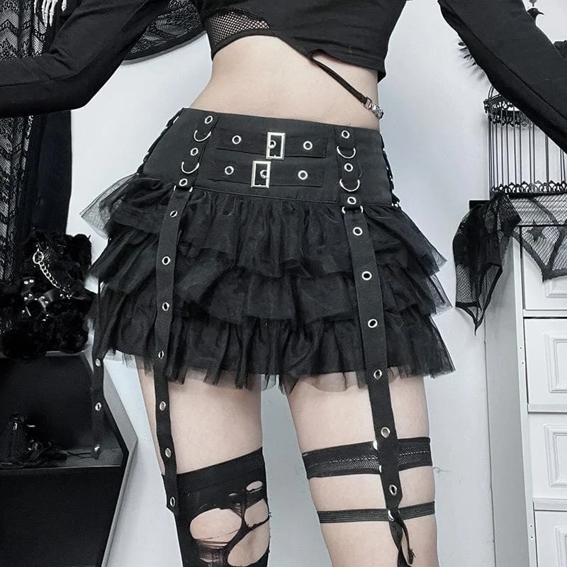Buckle mesh zip-up ruched A line mini skirt leather skirt bold