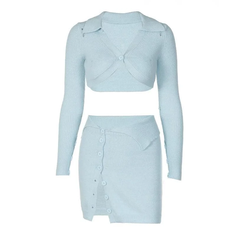 Button knitted solid long sleeve turnover collar mini skirt set lace skirt elegant