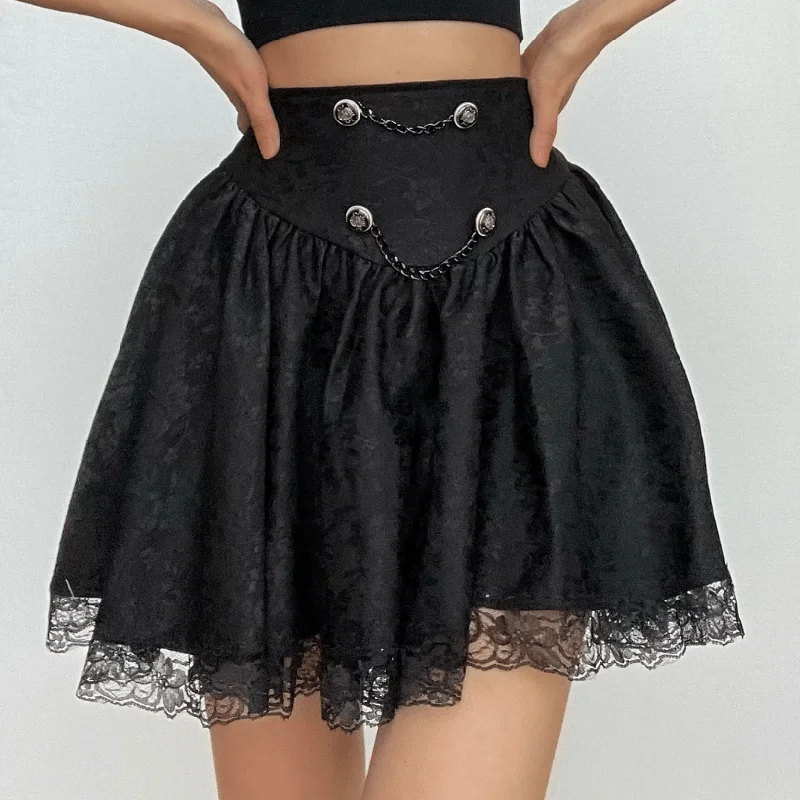 Button lace hem solid zip-up ruched mini skirt ruffled skirt detail