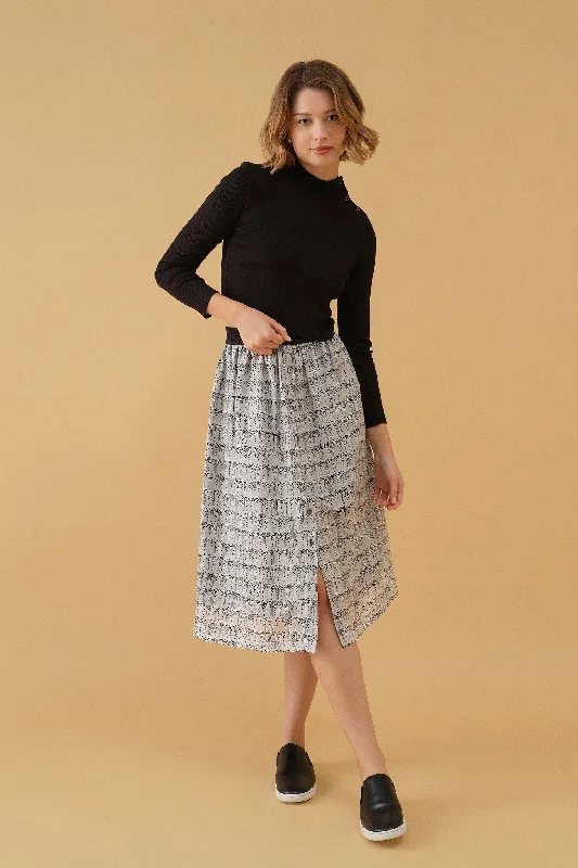 Buttoned Midi Skirt - Black & White Print velvet skirt plush