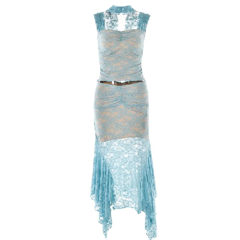 Cap sleeve lace ruffle ruched midi skirt set- Final Sale pencil skirt chic