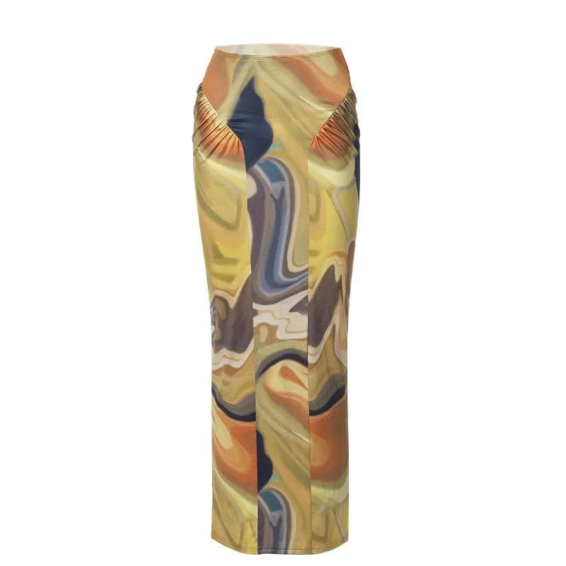 Contrast ruched abstract print midi skirt leather skirt durable