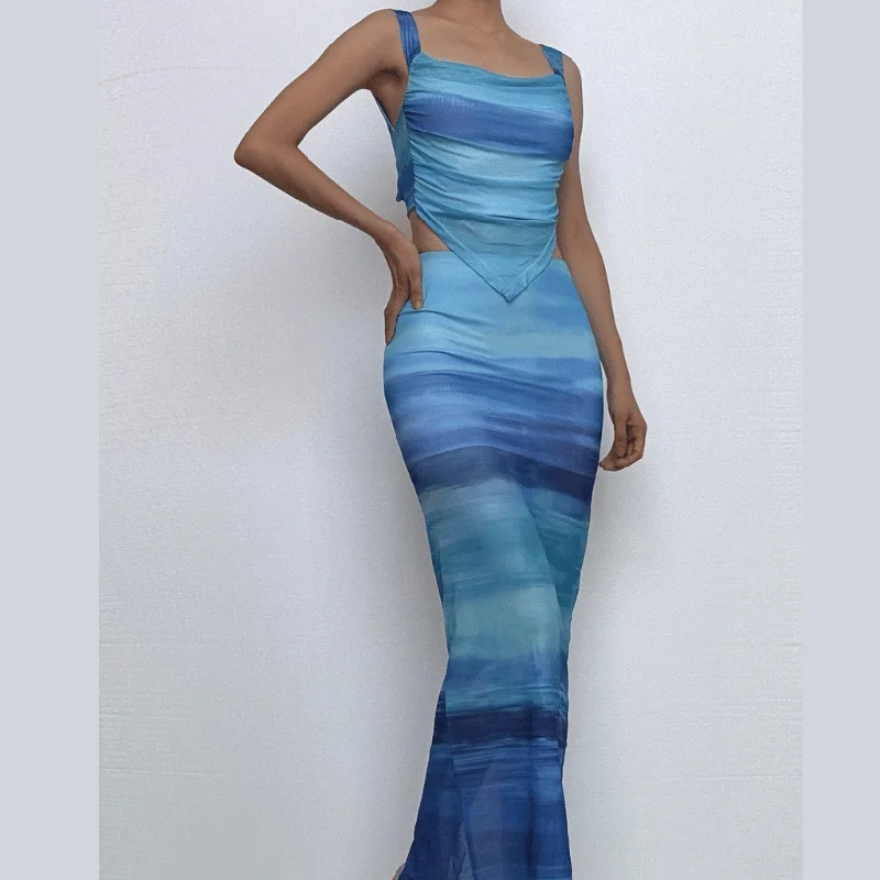 Cowl neck lace up tie dye slit mesh cami midi skirt set mini skirt trendy