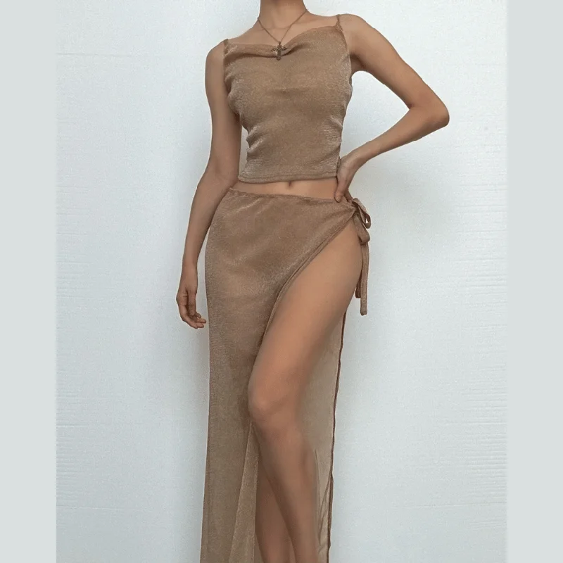 Cowl neck metallic high slit cami maxi skirt set chiffon skirt delicate
