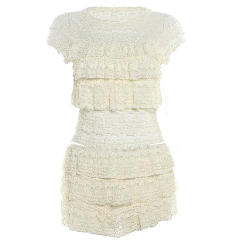 Crewneck cap sleeve textured ruched solid mini skirt set elastic waist skirt