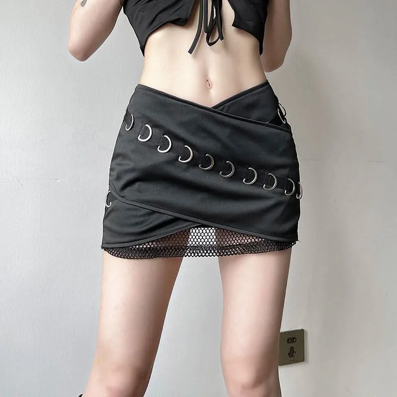 Cross front fishnet patchwork mini skirt lace skirt romantic