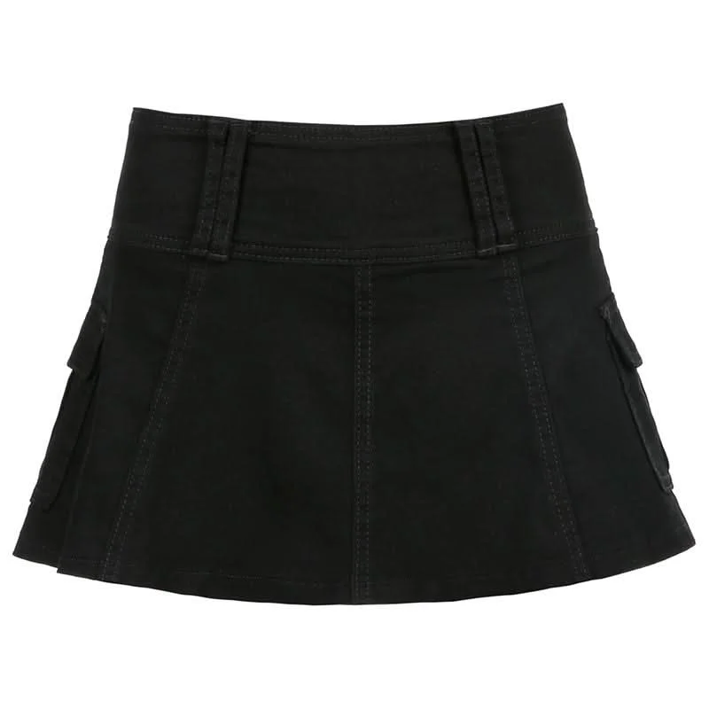 Denim pleated zip-up mini skirt high slit skirt