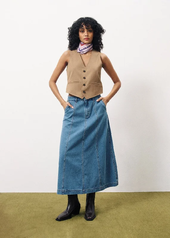 Denim Skirt Chc-24045 Ermeline Bleu-Jean ruffled skirt detail
