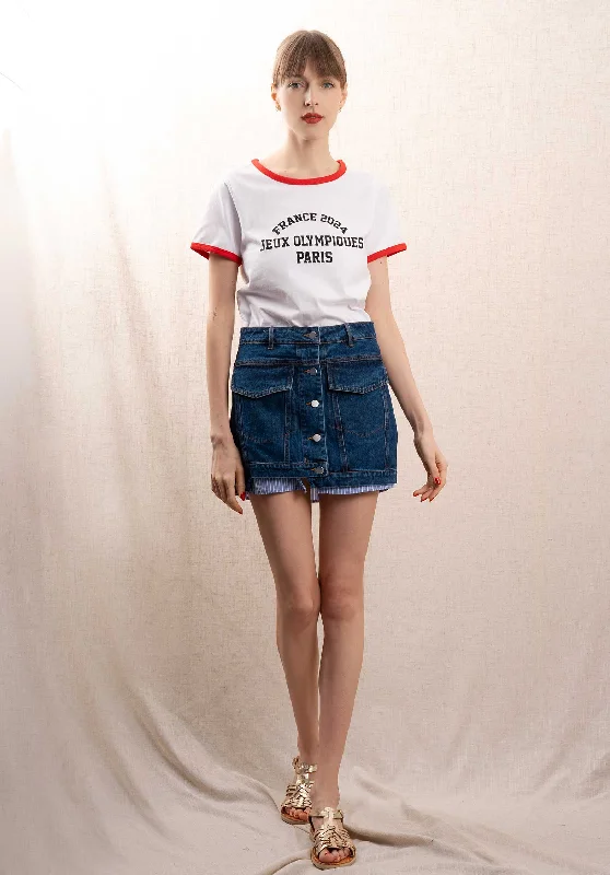 Denim Skirt Jupdece Denim-Stripe silk skirt lustrous