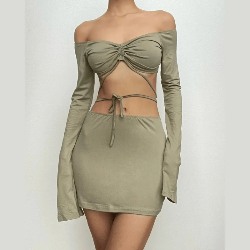 Drawstring off shoulder long sleeve solid mini skirt set silk skirt smooth