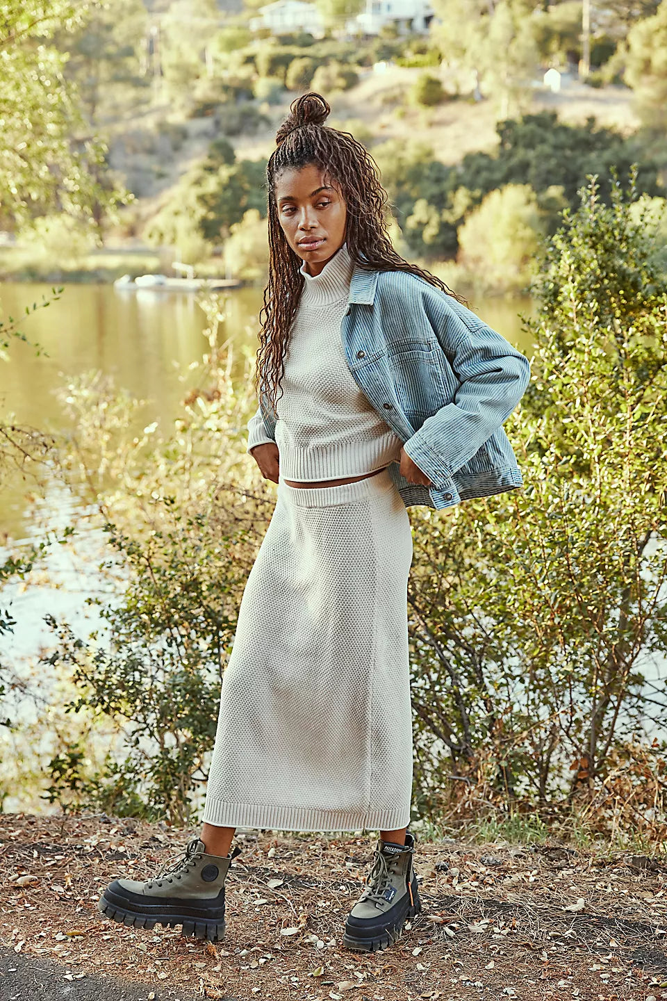 Free People Hailee Sweater Skirt Set - POWDER SAND chiffon skirt airy