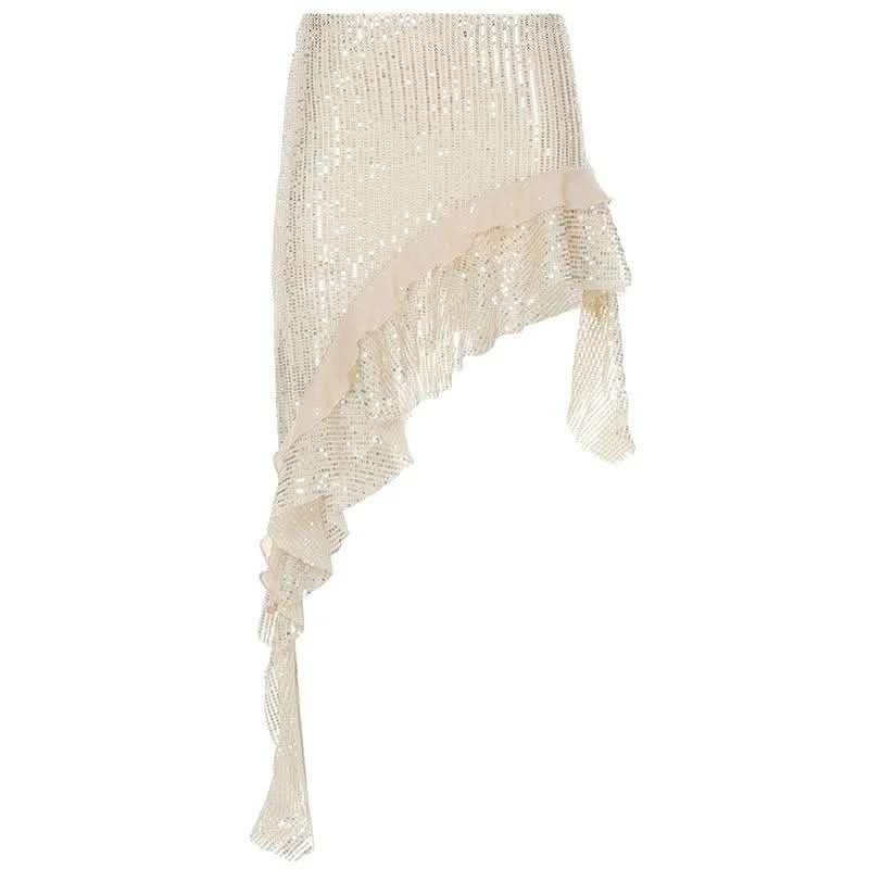 Glitter irregular ruffle mesh midi skirt belted skirt waist