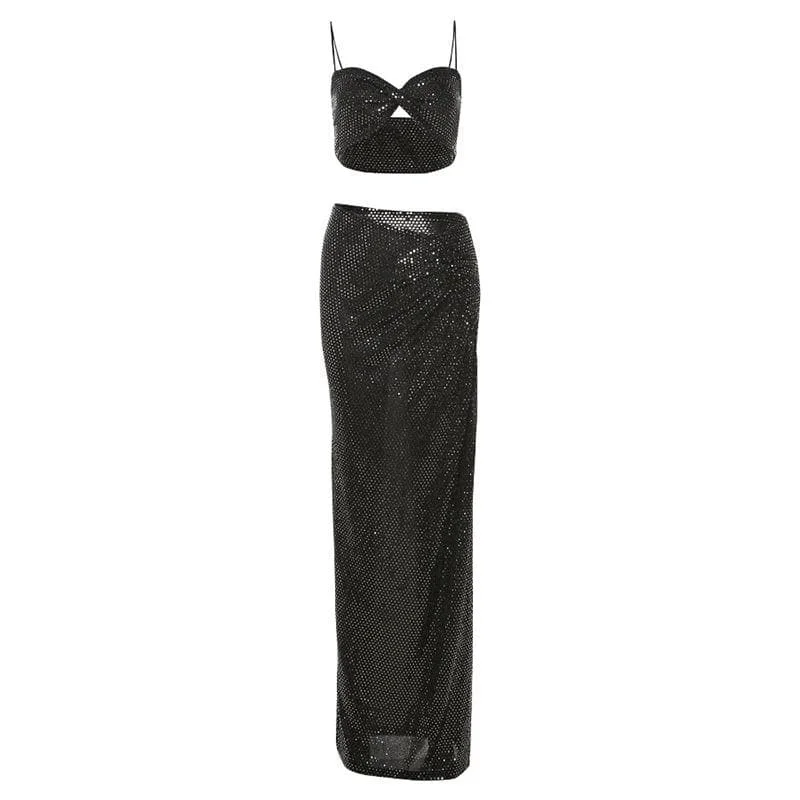 Glitter ruched slit cami maxi skirt set denim skirt fashionable