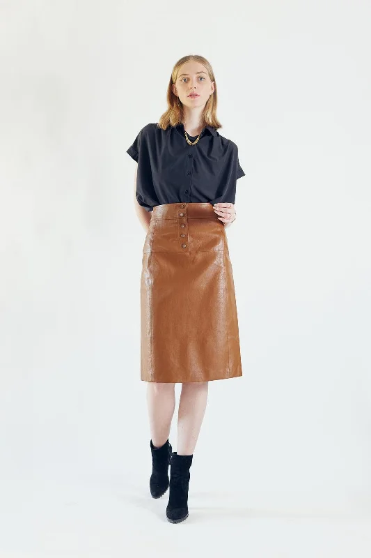 Glossy Brown Vegan Leather Pencil Skirt a-line skirt cut