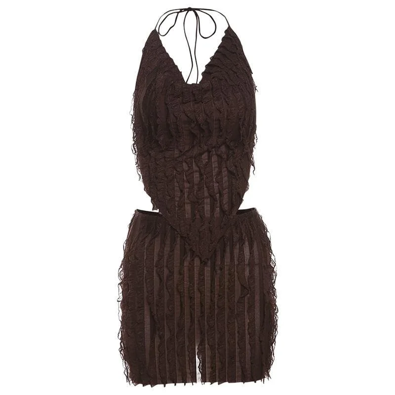 Halter backless textured cowl neck mini skirt set lightweight skirt design