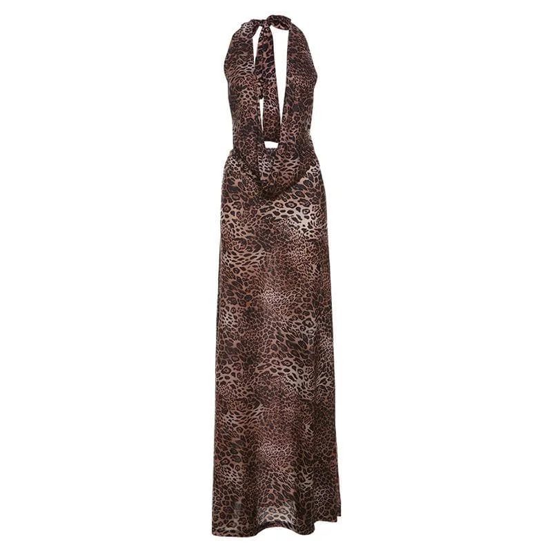 Halter deep v neck leopard print maxi skirt set velvet skirt luxurious