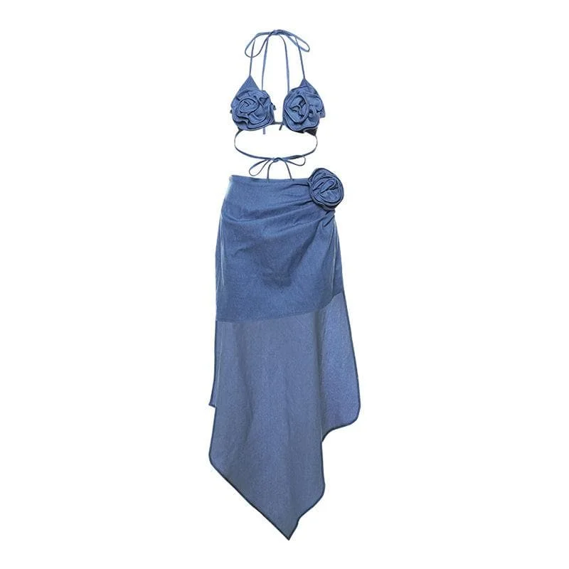 Halter denim flower applique midi skirt set lace skirt feminine