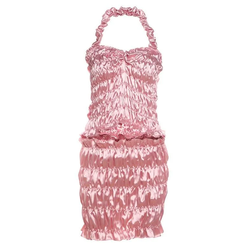 Halter drawstring ruched mini skirt set linen skirt airy