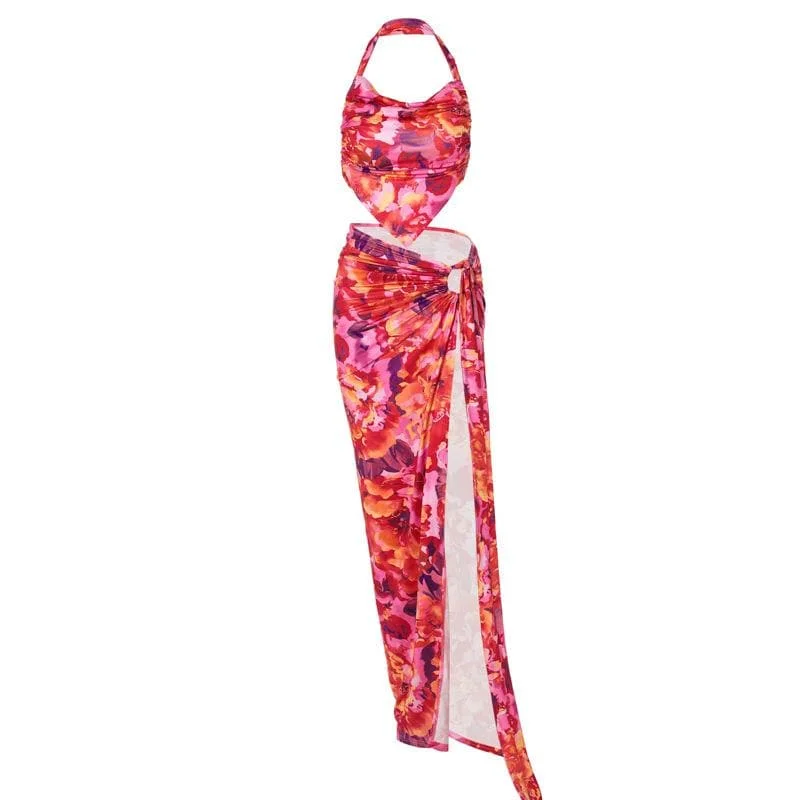 Halter flower print o ring slit maxi skirt set corduroy skirt cozy