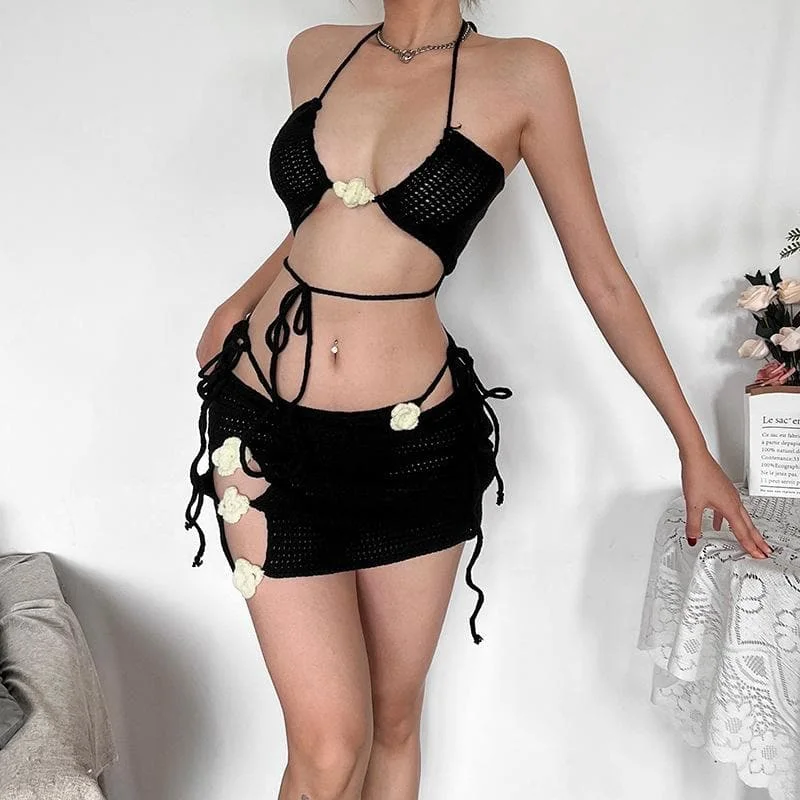 Halter knitted flower applique 3 piece mini skirt set seamless skirt comfort