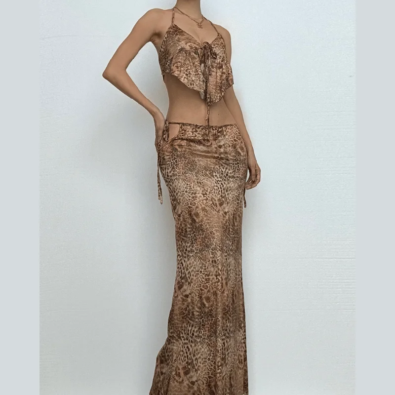 Halter leopard print abstract ruffle knotted maxi skirt set cashmere skirt soft