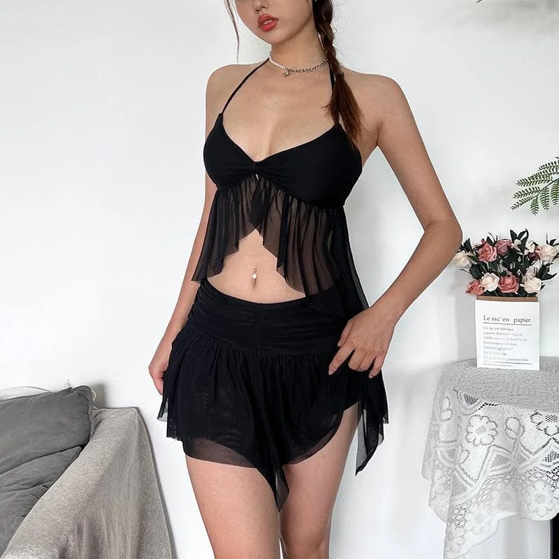 Halter ruffle mesh v neck ruched mini skirt set summer skirt style
