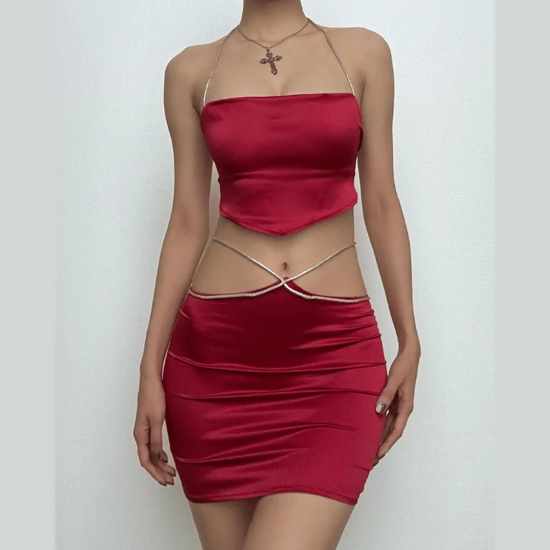 Halter self tie backless zip-up solid cowl neck mini skirt set corduroy skirt durable